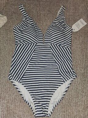 Time And TRU Striped V-Plunge One-Piece Swimsuit - Navy & White